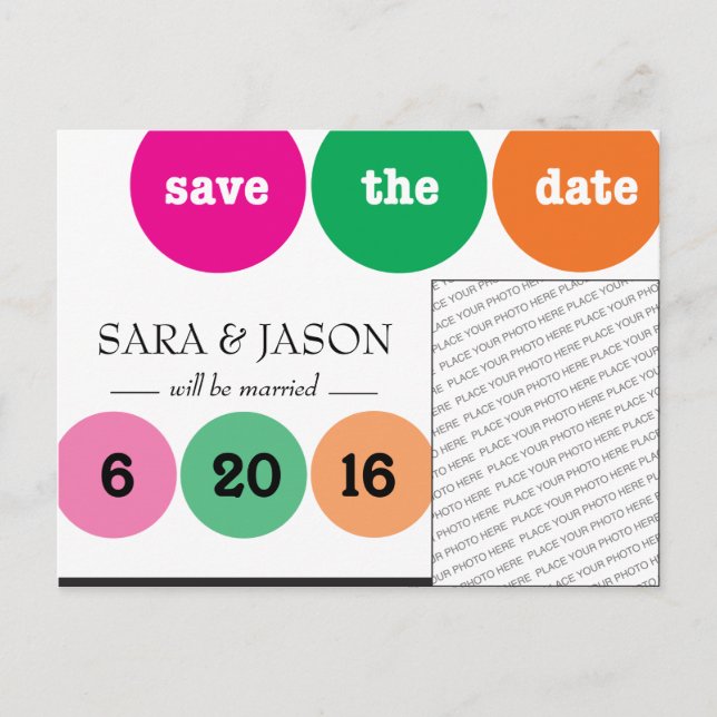 Pink, Green, Orange Circles Save the Date Announcement Postcard (Front)