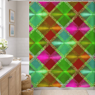 Pink Green Orange Glitter Plaid Design Shower Curtain
