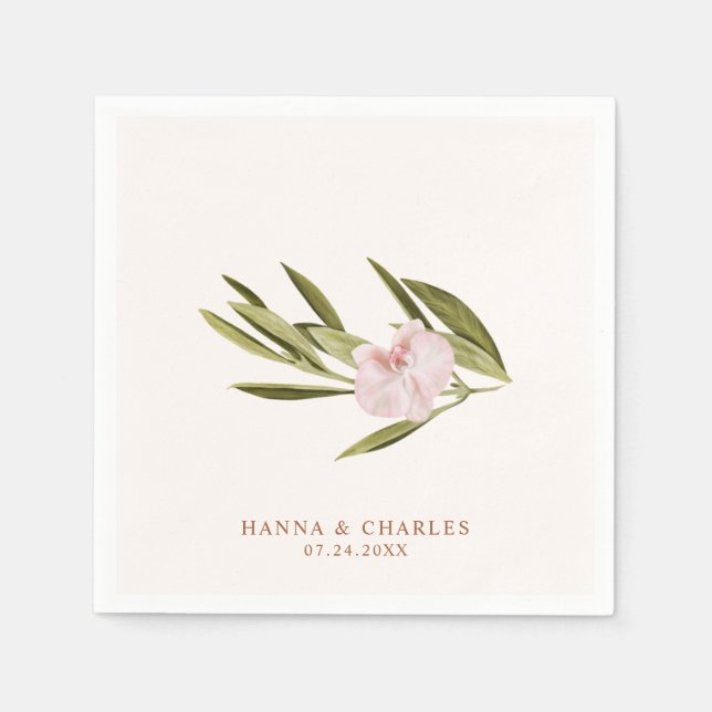 Pink Green Orchid Eucalyptus Wedding Paper Napkins (Front)