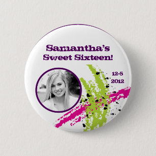 Pink Green Paint Splash Ink Splotch Photo Button