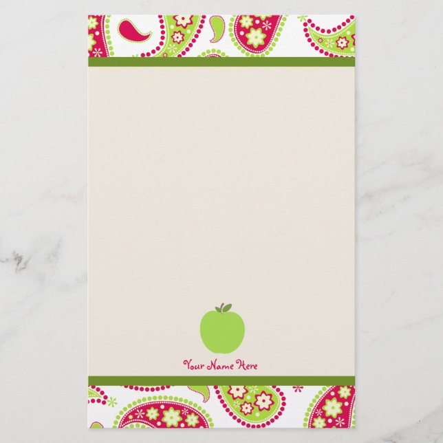 Pink & Green Paisley Apple Teacher Stationery (Front)