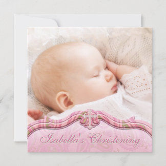 Pink Green Paisley Baby Girl Photo Christening Invitation