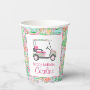 Pink & Green Palm Beach Golf Cart Personalised Paper Cups