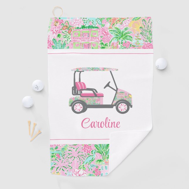 Pink & Green Palm Beach Golf Cart Personalised Towel (InSitu)