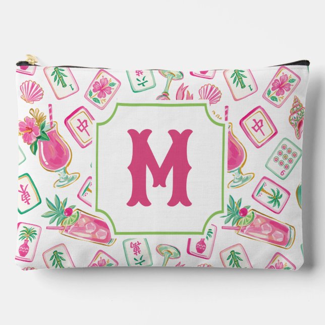 Pink & Green Palm Beach Mahjong & Mixers Monogram Accessory Pouch (Front)