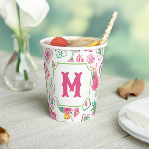 Pink & Green Palm Beach Mahjong & Mixers Monogram Paper Cups