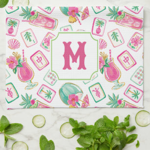 Pink & Green Palm Beach Mahjong & Mixers Monogram Tea Towel
