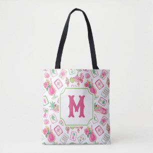 Pink & Green Palm Beach Mahjong & Mixers Monogram Tote Bag