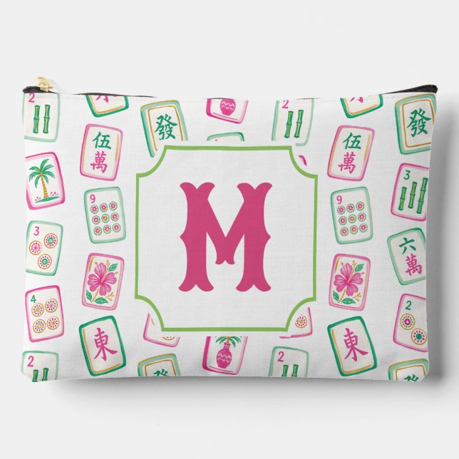 Pink & Green Palm Beach Mahjong Tiles Monogram Accessory Pouch (Front)