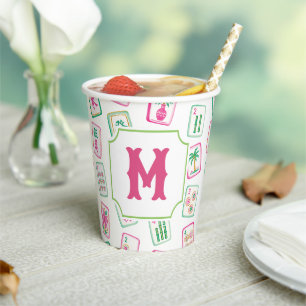 Pink & Green Palm Beach Mahjong Tiles Monogram Paper Cups