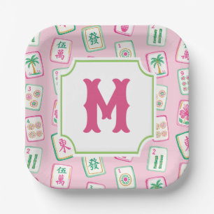 Pink & Green Palm Beach Mahjong Tiles Monogram Paper Plate