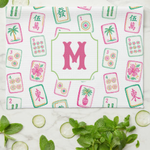 Pink & Green Palm Beach Mahjong Tiles Monogram Tea Towel
