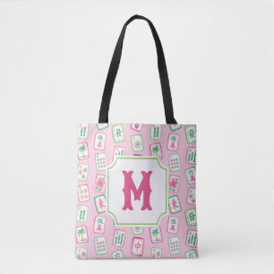 Pink & Green Palm Beach Mahjong Tiles Monogram Tote Bag