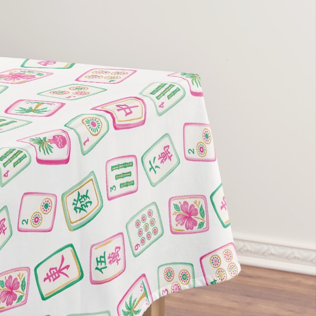 Pink & Green Palm Beach Mahjong Tiles Tablecloth (In Situ)