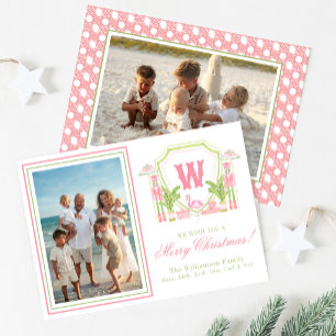 Pink & Green Palm Beach Nutcracker Monogram Crest Holiday Card