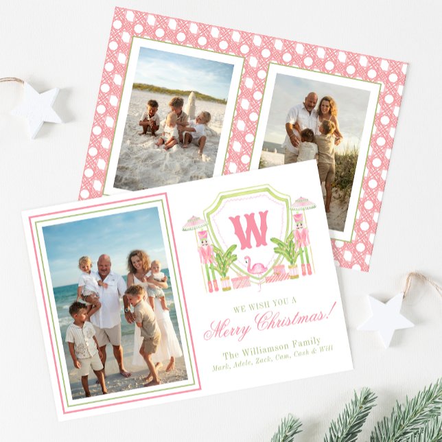 Pink & Green Palm Beach Nutcracker Monogram Crest Holiday Card (Creator Uploaded)