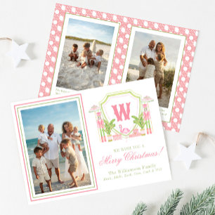 Pink & Green Palm Beach Nutcracker Monogram Crest Holiday Card