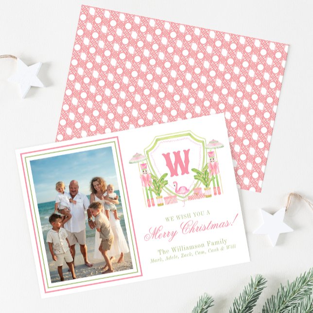 Pink & Green Palm Beach Nutcracker Monogram Crest Holiday Card (Creator Uploaded)