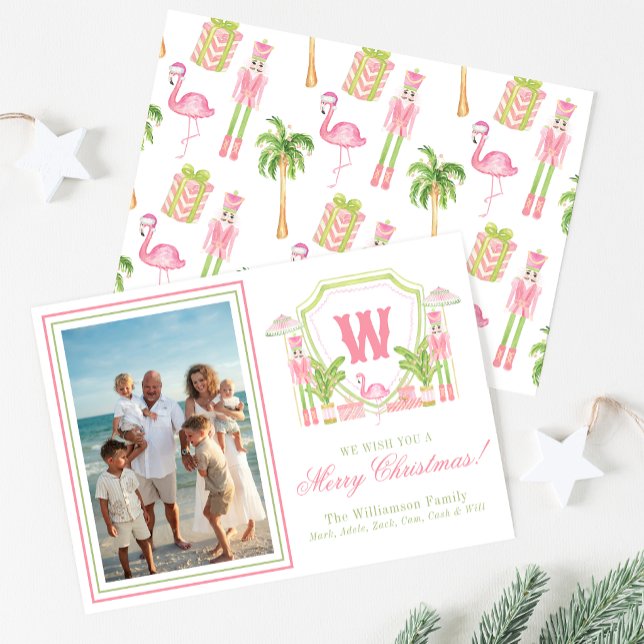 Pink & Green Palm Beach Nutcracker Monogram Crest Holiday Card (Creator Uploaded)