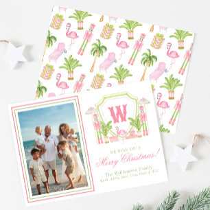 Pink & Green Palm Beach Nutcracker Monogram Crest Holiday Card
