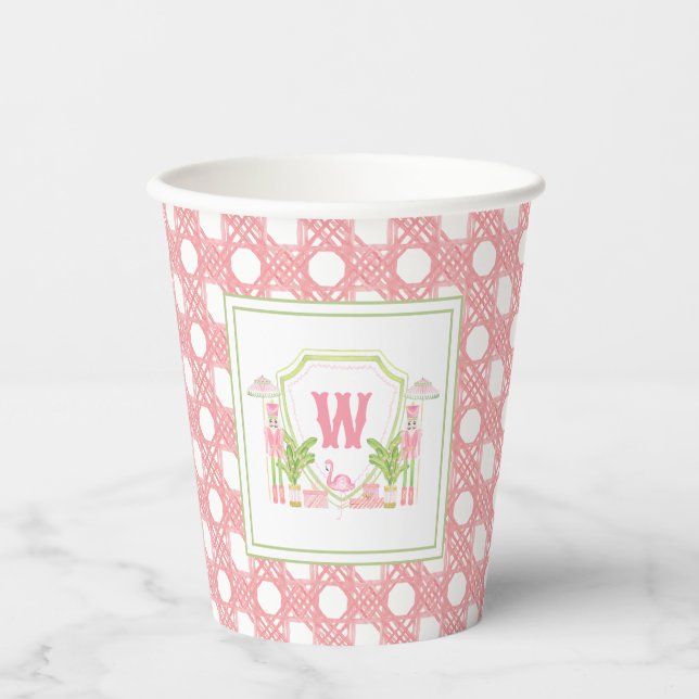 Pink & Green Palm Beach Nutcracker Monogram Crest Paper Cups (Front)