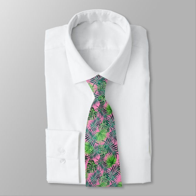 Pink Green Palm Leaf Pattern Tropical Neck Tie (Tied)