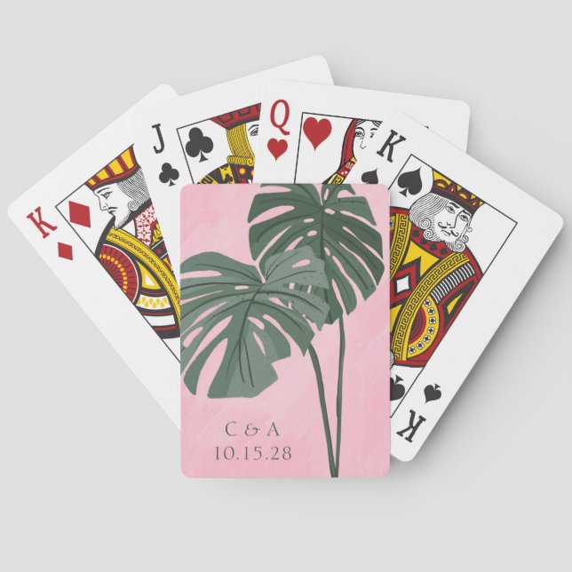 Pink Green Palm Leaf Personalised Wedding Initials Playing Cards (Back)