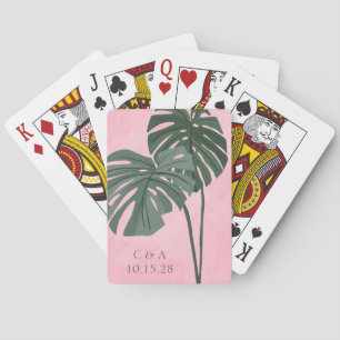 Pink Green Palm Leaf Personalised Wedding Initials Playing Cards