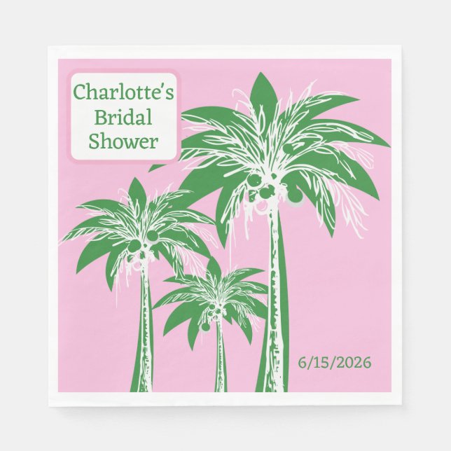 Pink Green Palm Tree Bridal Shower Custom Name Napkin (Front)