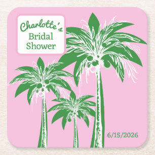 Pink Green Palm Tree Bridal Shower Script Name Square Paper Coaster