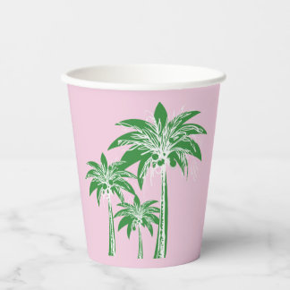 Pink & Green Palm Tree Bridal Shower Tropical Leaf Paper Cups