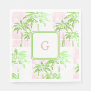 Pink Green Palm Tree Preppy Ombre Square Monogram Napkin