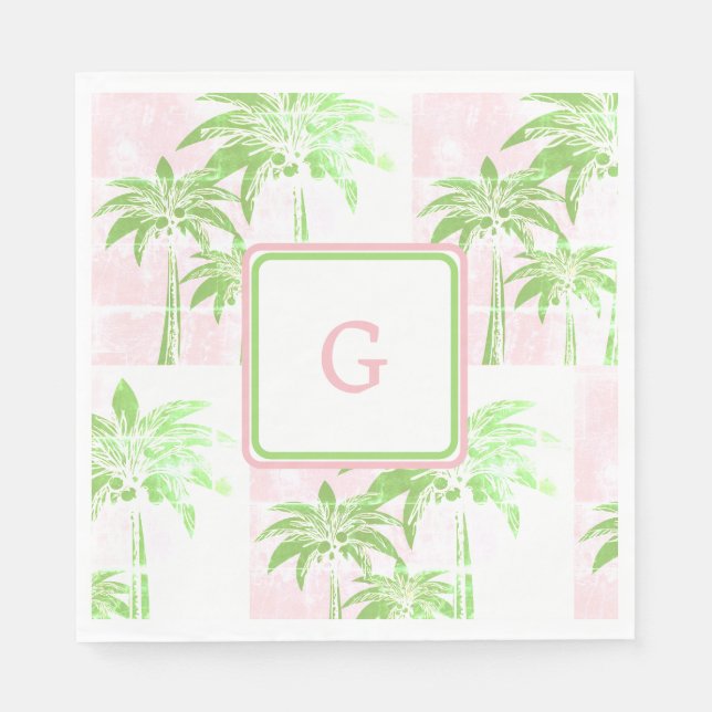 Pink Green Palm Tree Preppy Ombre Square Monogram Napkin (Front)