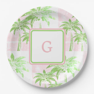 Pink Green Palm Tree Preppy Ombre Square Monogram Paper Plate