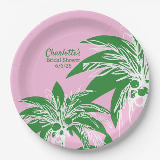 Pink Green Palm Tree Tropical Bridal Shower Name Paper Plate