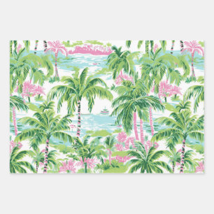 Pink & Green Palm Tree Wrapping Paper Sheets (Set 