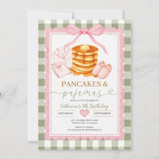 Pink Green Pancakes Pyjamas Girls 5th Birthday Invitation