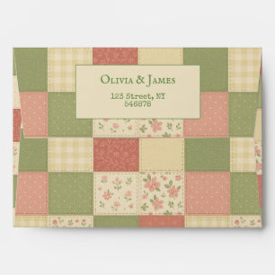 Pink Green Patchwork Quilt Rustic Farmhouse Floral Envelope