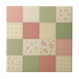Pink Green Patchwork Quilt Rustic Farmhouse Floral Tile