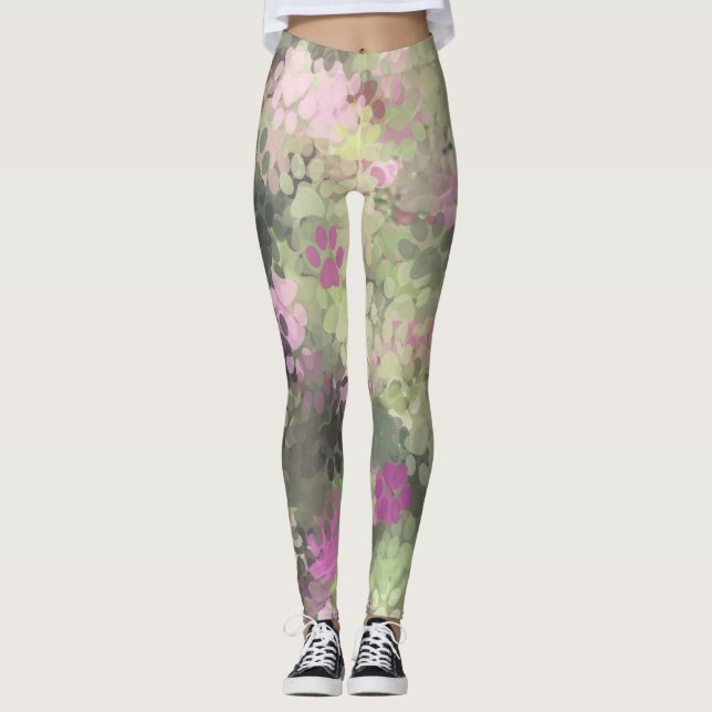 Pink & Green Paw Camo Leggings (Front)