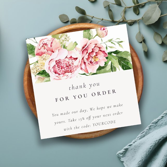 Pink Green Peony Floral Thank You Business Order Square Business Card (Creator Uploaded)