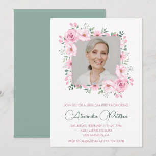 Pink Green Photo Floral Frame 91st birthday Invitation
