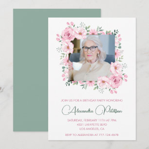Pink Green Photo Floral Frame 93rd birthday Invitation