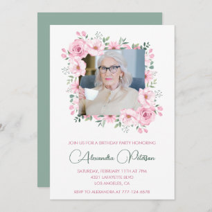 Pink Green Photo Floral Frame 94th birthday Invitation