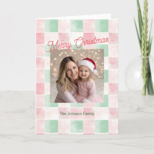 Pink Green Photo Retro Pattern Christmas Card