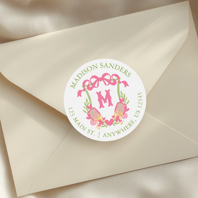 Pink & Green Pickleball Monogram Crest Address Classic Round Sticker (Creator Uploaded)