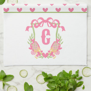 Pink & Green Pickleball Paddle Monogram Crest Tea Towel