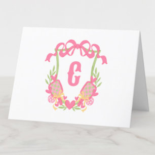 Pink & Green Pickleball Paddle Monogram Crest Thank You Card