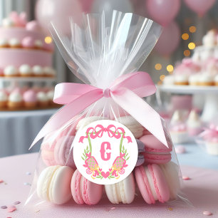 Pink & Green Pickleball Paddles Monogram Crest Classic Round Sticker