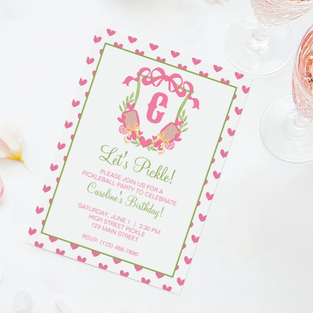 Pink & Green Pickleball Paddles Monogram Crest Invitation (Creator Uploaded)